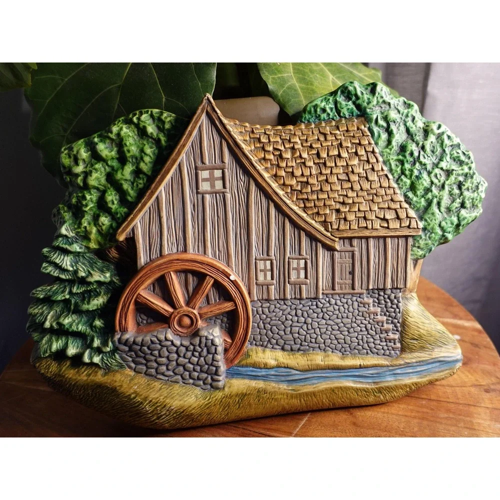 Vintage Water Mill House Planter Cottagecore Farmhouse Decor Sculpture Signed SD